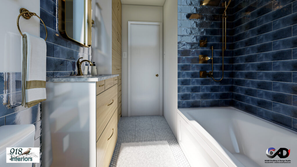 bathroom Blue Subway Tile, White oak cabinetry hexagon floor gold fixtures